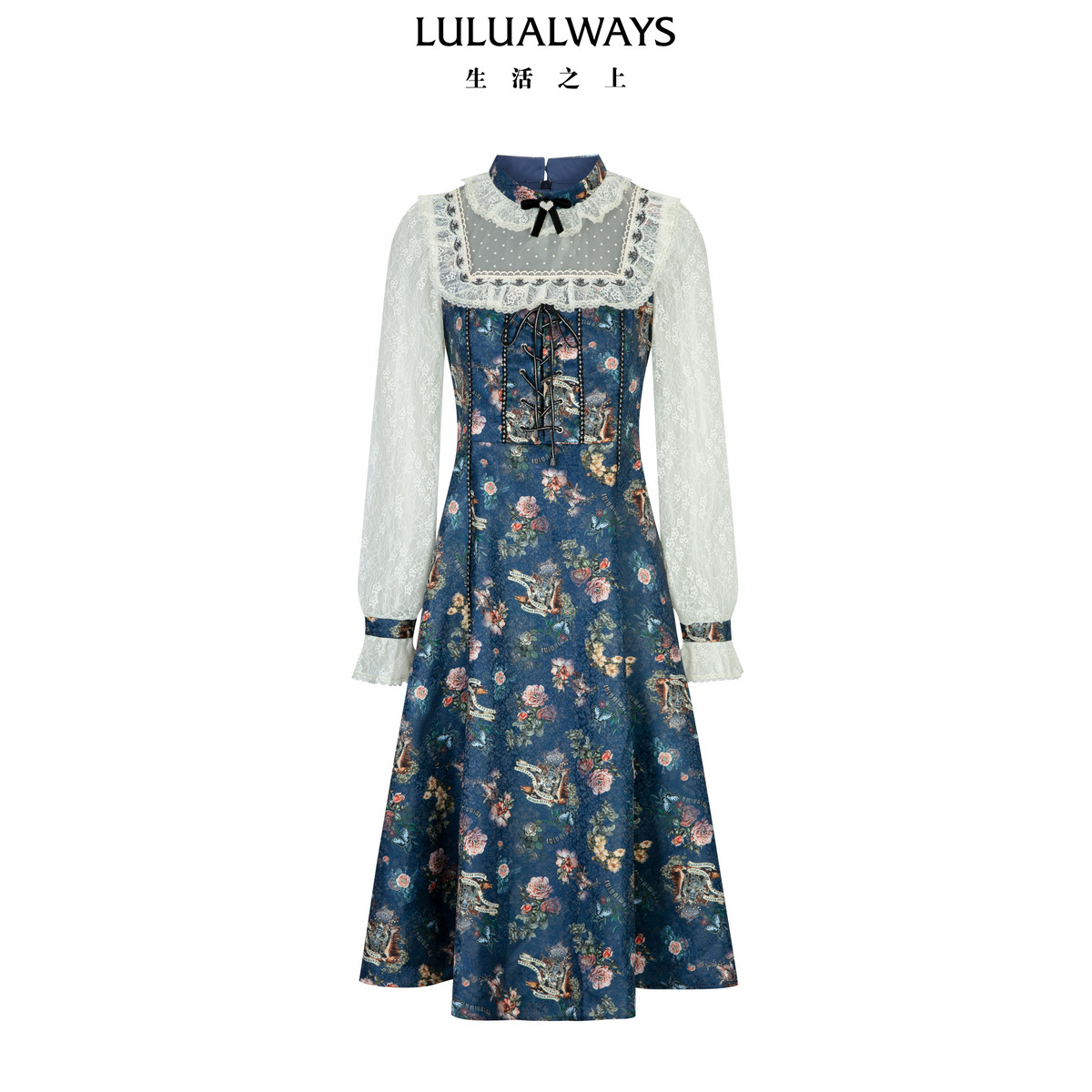 LULUALWAYS【商场同款】冬季新款法式复古公主风蕾丝拼接连衣裙