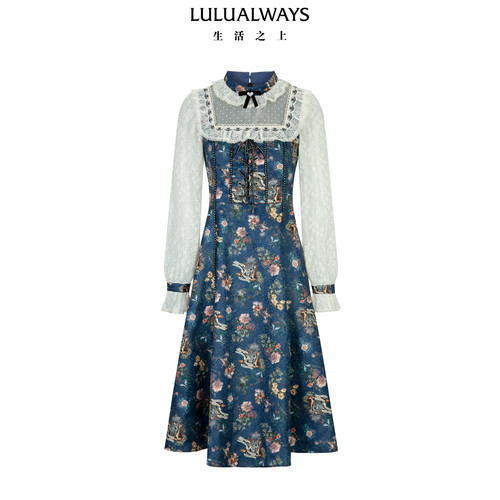LULUALWAYS【商场同款】冬季新款法式复古公主风蕾丝拼接连衣裙