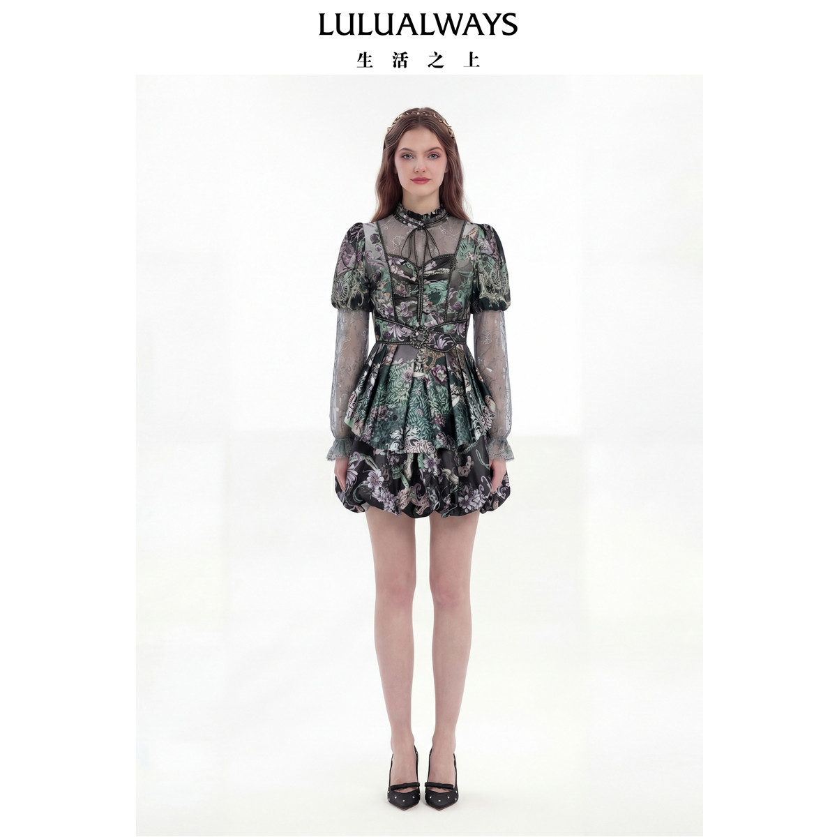 LULUALWAYS【商场同款】26春季新款复古宫廷风羊腿袖欧根纱连衣裙