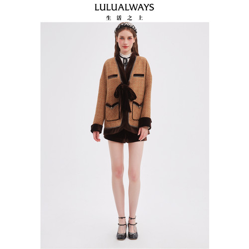 LULUALWAYS我爱露露秋季新款法式气质小香名媛风丝绒拼接女外套