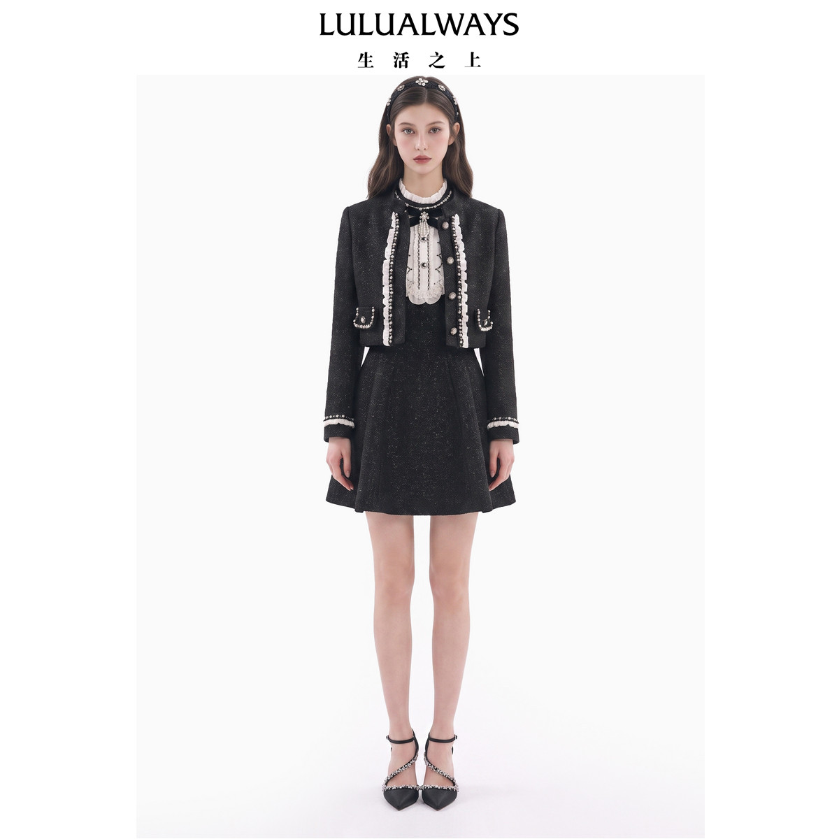 LULUALWAYS【商场同款】26冬季新款甜酷千金撞色木耳边小香短外套