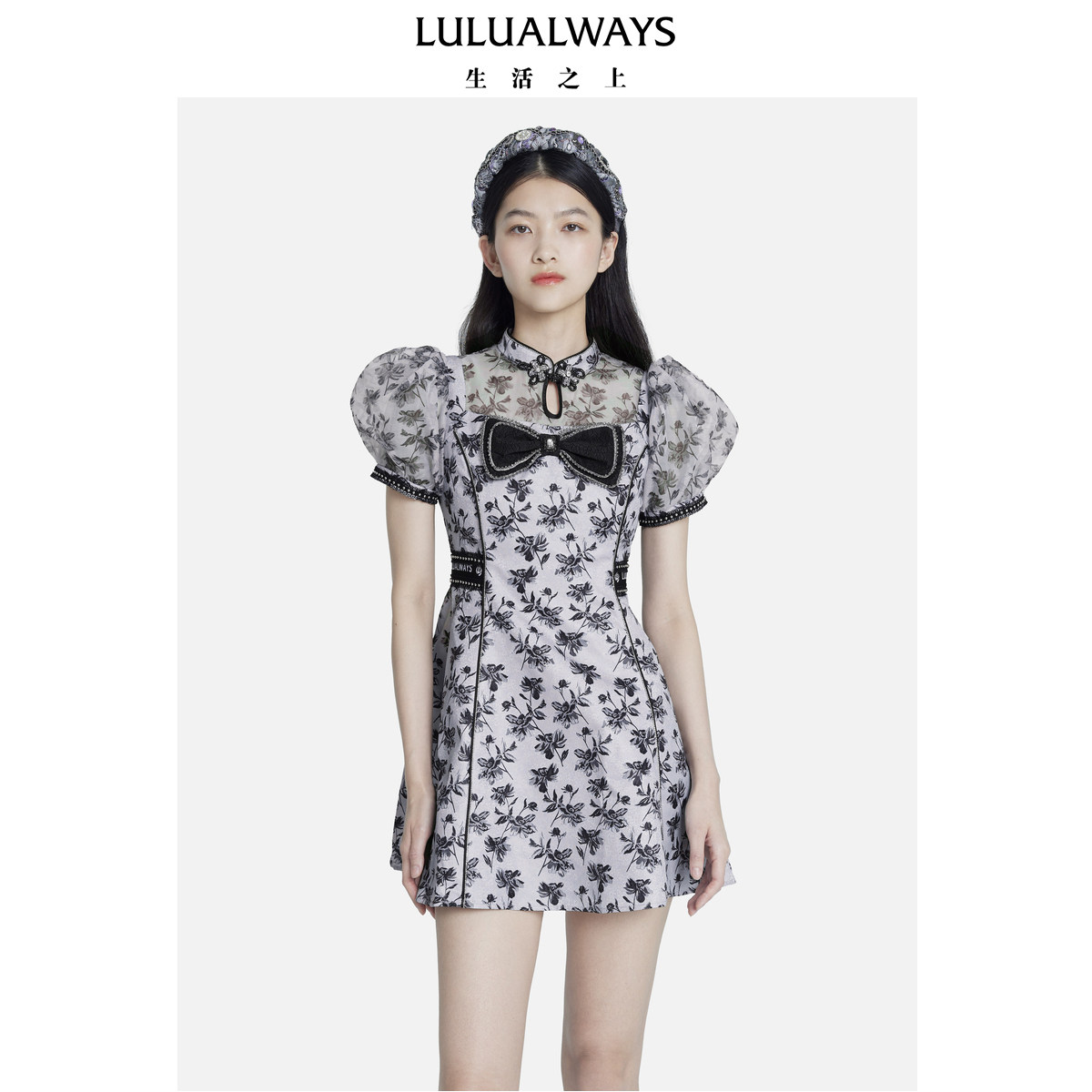 LULUALWAYS夏季新款复古印花盘扣蝴蝶结装饰连衣裙