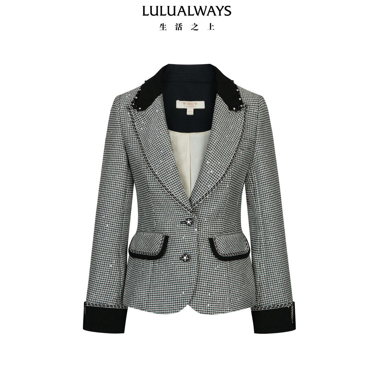 LULUALWAYS【商场同款】26春季新款复古优雅风黑白千鸟格收腰外套