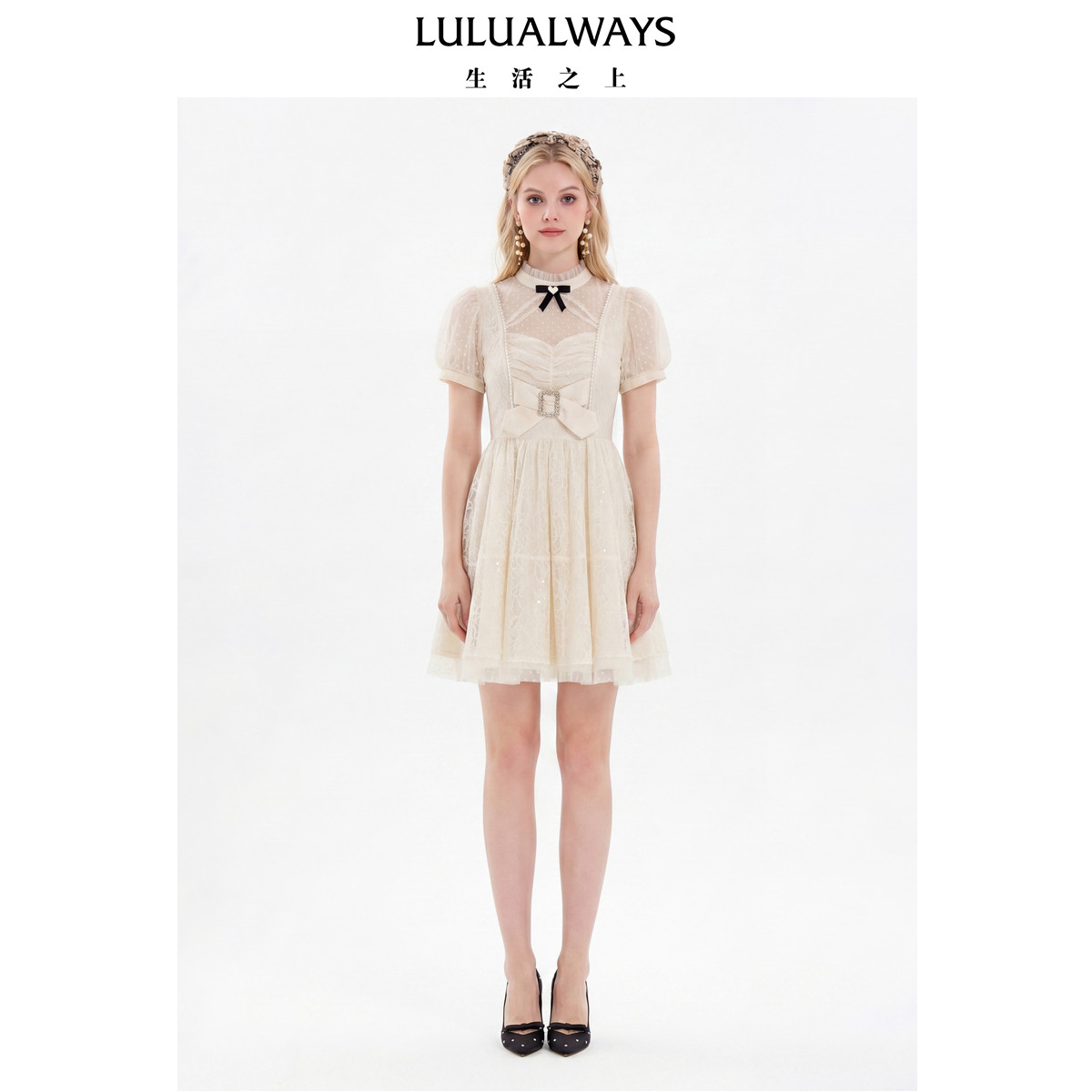 LULUALWAYS我爱露露26夏季新款少女风蕾丝拼接透明点点网纱连衣裙