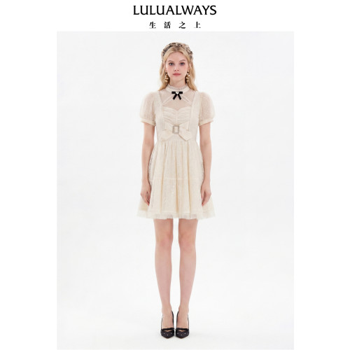 LULUALWAYS我爱露露26夏季新款少女风蕾丝拼接透明点点网纱连衣裙