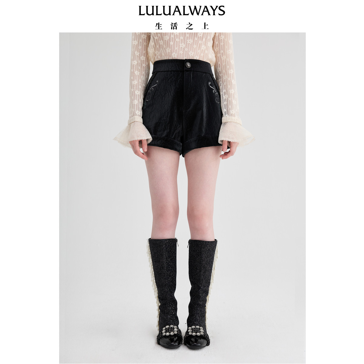 LULUALWAYS【商场同款】秋季新款百搭高腰显瘦翻边哑光黑色短裤
