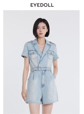 EYEDOLL夏季新款时尚休闲百搭蓝色牛仔连体短裤女