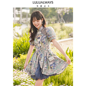 LULUALWAYS商场同款夏季新款时尚休闲盘扣镂空新中式短袖连衣裙