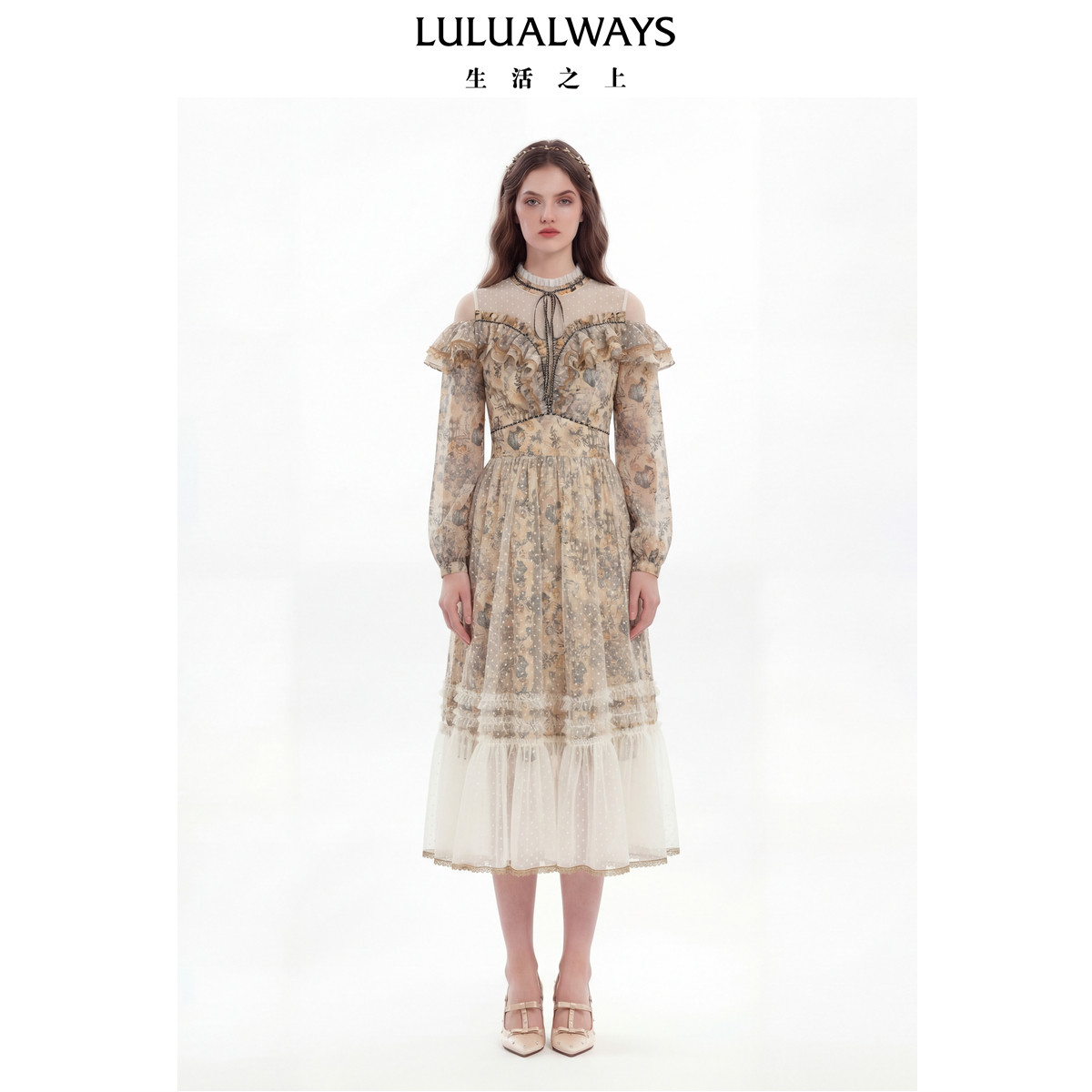 LULUALWAYS我爱露露26春季新款复古田园风荷叶边露肩网纱连衣裙,女装/女士精品,连衣裙,淘宝优惠券,粉丝福利购,淘宝优惠卷