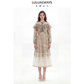 LULUALWAYS我爱露露26春季 复古田园风荷叶边露肩网纱连衣裙 新款