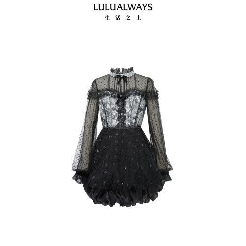 LULUALWAYS【商场同款】经典蕾丝收腰显瘦花苞连衣裙女