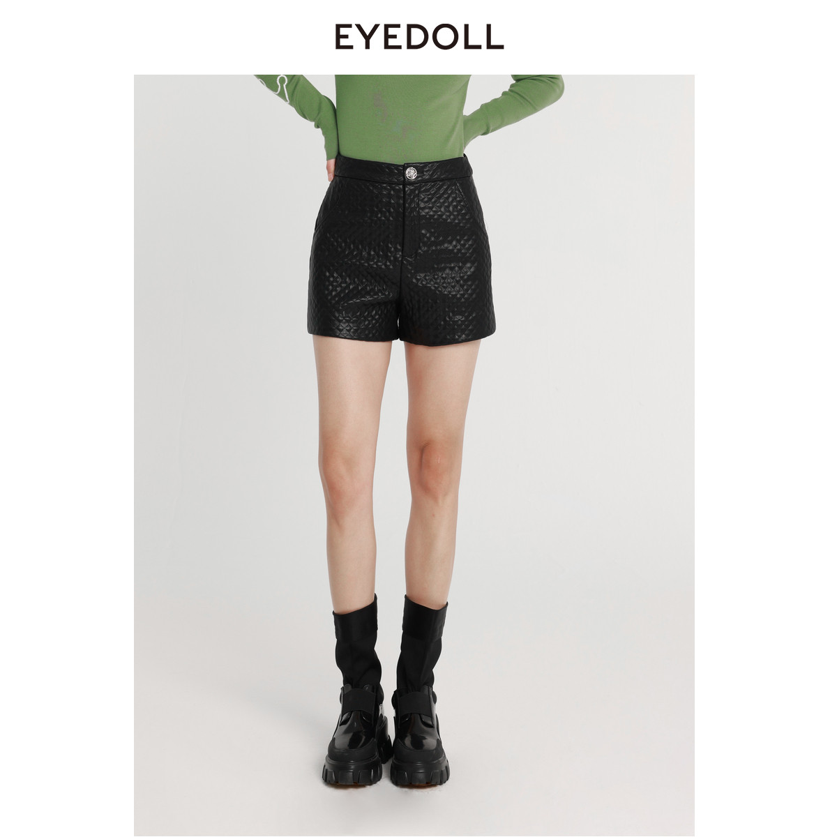 EYEDOLL新款显瘦遮肉松紧腰格子暗纹皮短裤,女装/女士精品,休闲裤,淘宝优惠券,粉丝福利购,淘宝优惠卷