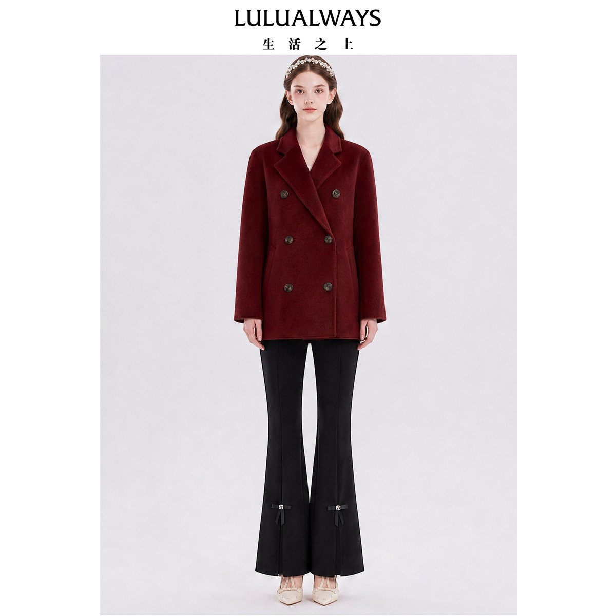 LULUALWAYS我爱露露26冬季新款名媛女神挚爱酱红色绵羊毛毛呢大衣