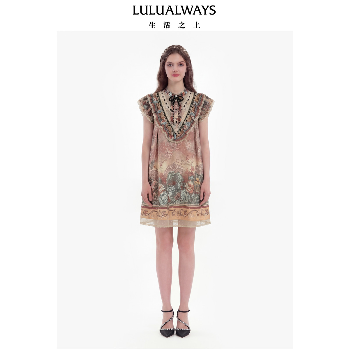 LULUALWAYS【商场同款】26夏季新款法式公主浪漫风荷叶边短连衣裙