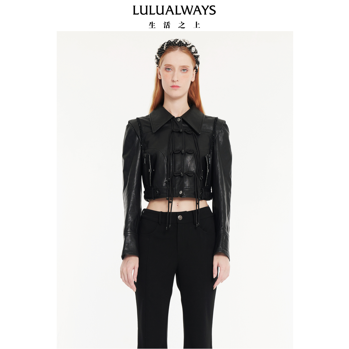 LULUALWAYS【商场同款】秋季新款潮酷时尚盘扣羊皮革短外套皮衣