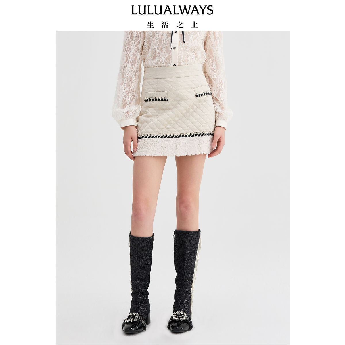 LULUALWAYS【商场同款】冬季新款时尚千金气质绗棉短款半身裙女