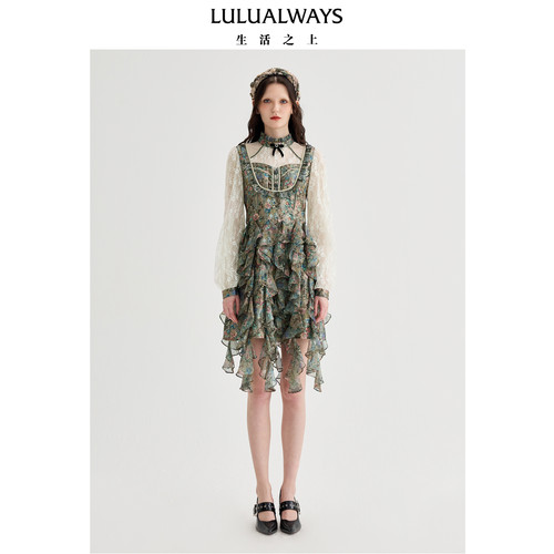 LULUALWAYS【商场同款】法式复古宫廷层次感蕾丝连衣裙