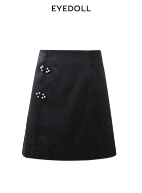 EYEDOLL夏季新款小A字高腰百搭盘扣短款黑色半身裙