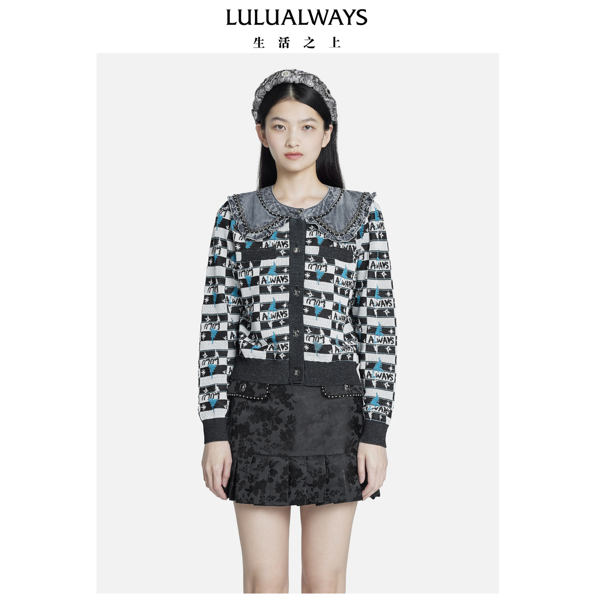 我爱露露LULUALWAYS秋季新款别致减龄拼接娃娃领针织开衫