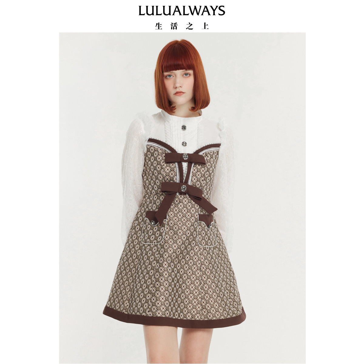 LULUALWAYS我爱露露新款复古优雅拼接提花短款连衣裙,女装/女士精品,连衣裙,淘宝优惠券,粉丝福利购,淘宝优惠卷
