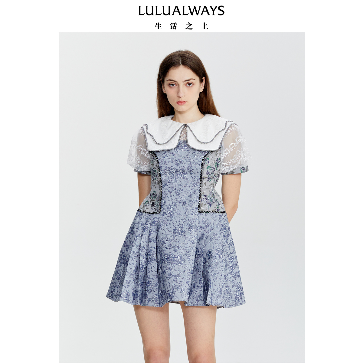 【商场同款】LULUALWAYS夏季新款甜美优雅短袖娃娃领短款连衣裙