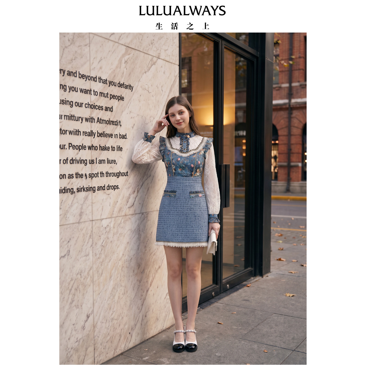 LULUALWAYS我爱露露26冬季新款复古油画蕾丝拼接收腰洛丽塔连衣裙