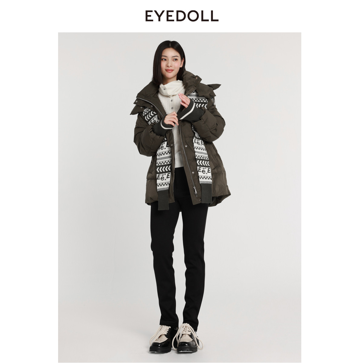 EYEDOLL休闲宽松保暖连帽拉链绿色泡芙羽绒服