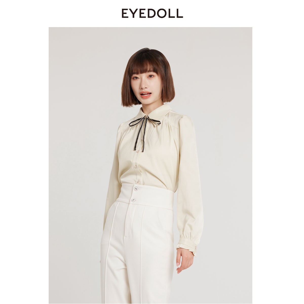 EYEDOLL新款气质温柔浪漫飘带奶油黄肌理衬衫