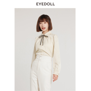 EYEDOLL新款 气质温柔浪漫飘带奶油黄肌理衬衫