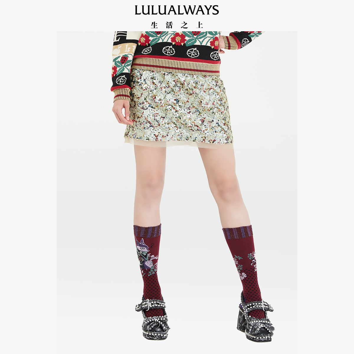 LULUALWAYS珠片米色短半裙