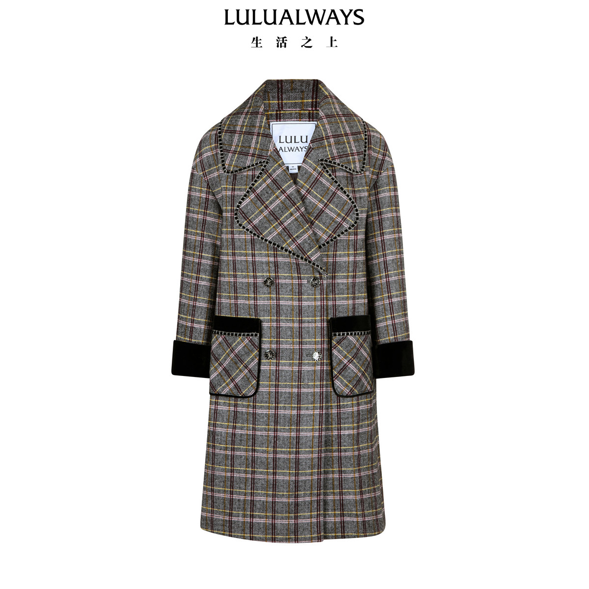 LULUALWAYS【商场同款】25冬季新款轻奢复古格纹大衣女中长款外套