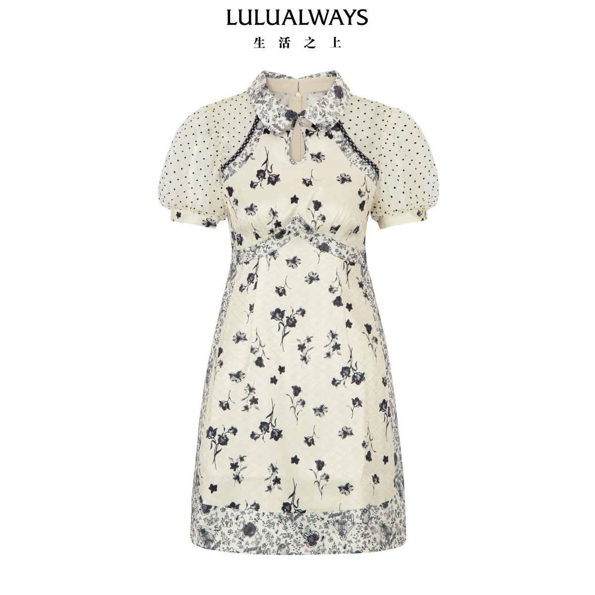 LULUALWAYS 【两件礼遇】波点黑色花卉娃娃领短款显瘦连衣裙