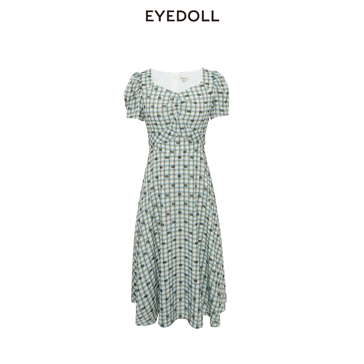EYEDOLL夏季时尚淡人气质清新植绒中长款连衣裙女 - 实物图