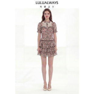 修身 复古甜妹风欧根纱粉色短袖 上衣 新款 LULUALWAYS我爱露露26夏季