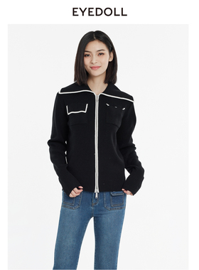 EYEDOLL新款简约休闲翻领黑色拉链针织开衫