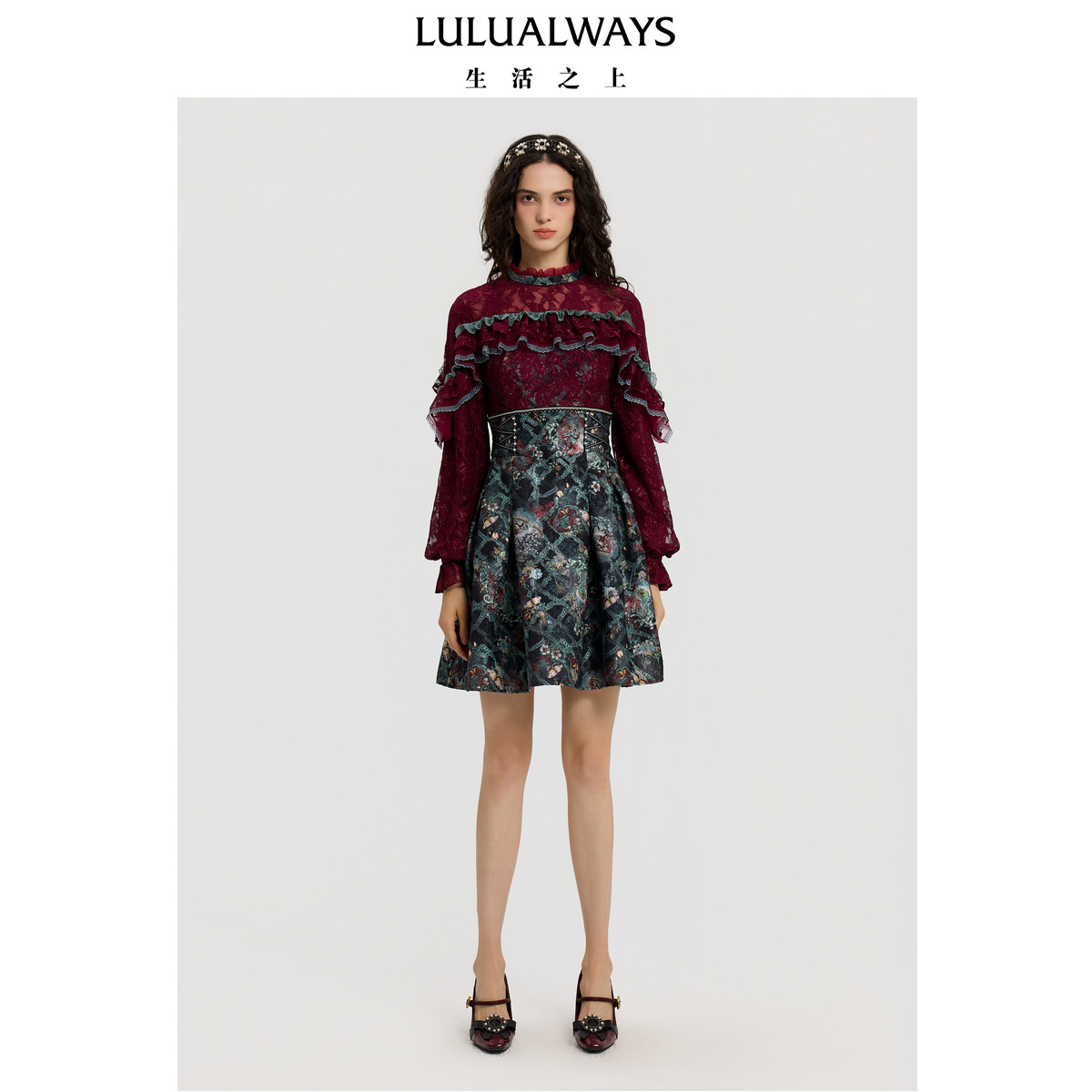 LULUALWAYS【商场同款】25冬季复古宫廷气质多层荷叶边连衣裙