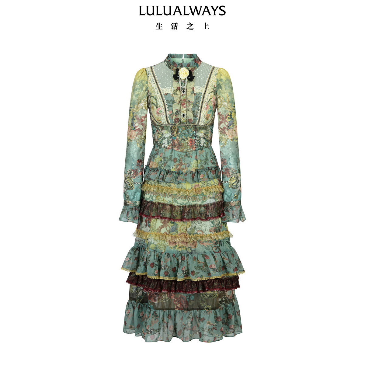 LULUALWAYS【商场同款】26春季新款复古华丽森系蛋糕裙雪纺连衣裙
