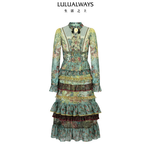 LULUALWAYS【商场同款】26春季新款复古华丽森系蛋糕裙雪纺连衣裙