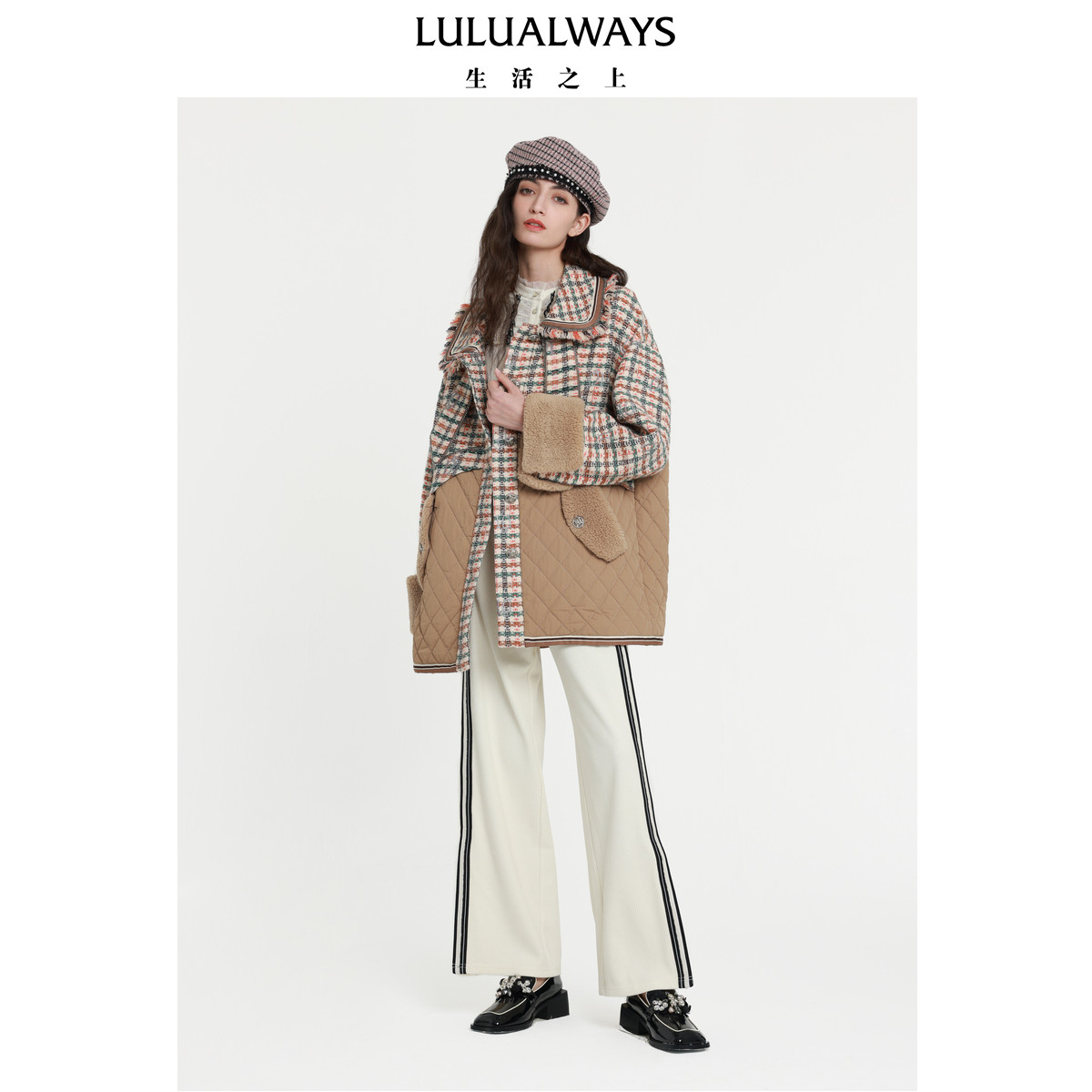 LULUALWAYS我爱露露新款复古甜美中长款拼接毛呢大衣