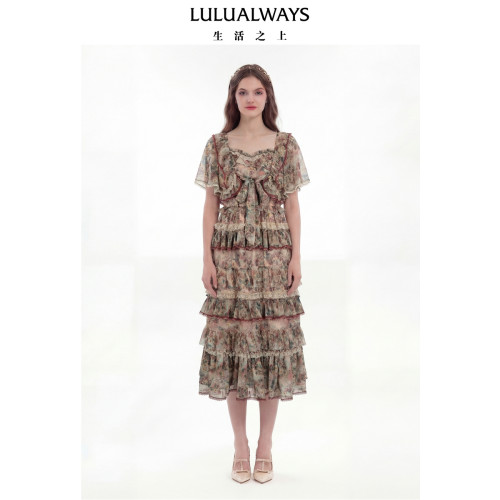 LULUALWAYS【商场同款】26春季新款复古油画碎花雪纺两件套连衣裙