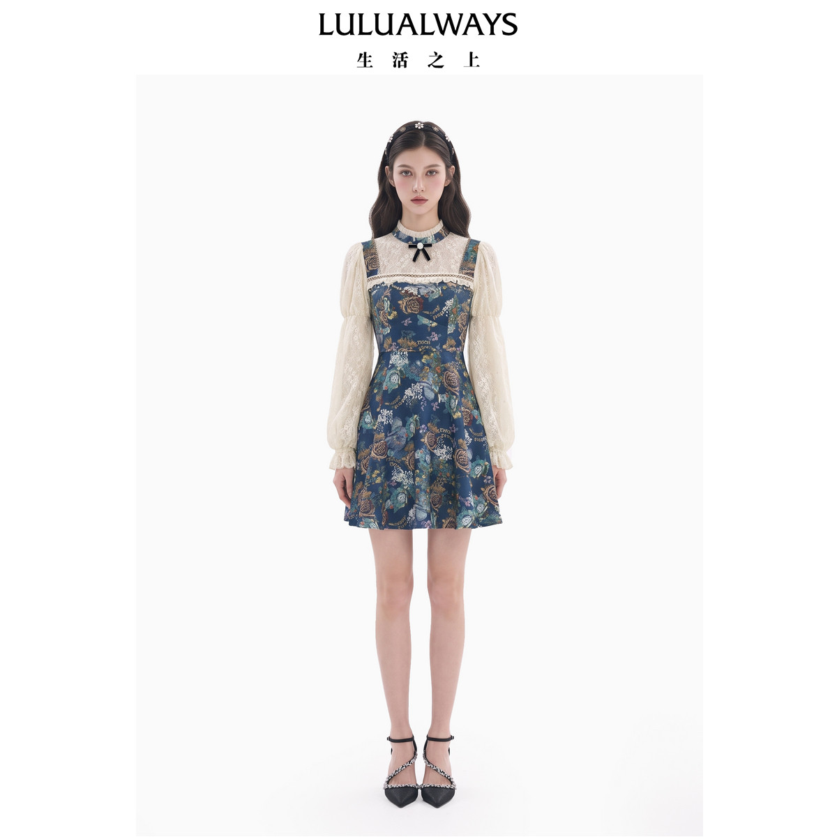 LULUALWAYS我爱露露26冬季新款法式庄园风蕾丝泡泡袖洛丽塔连衣裙