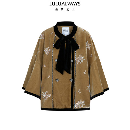LULUALWAYS【商场同款】冬季新款华丽复古蝴蝶结丝绒撞色外套女