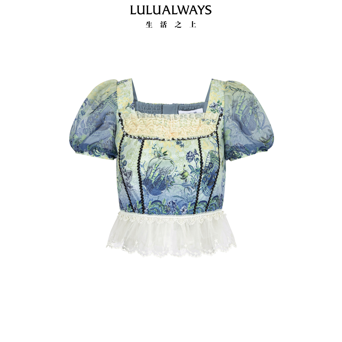 LULUALWAYS【商场同款】25夏季新款复古甜美蕾丝方领短款修身上衣