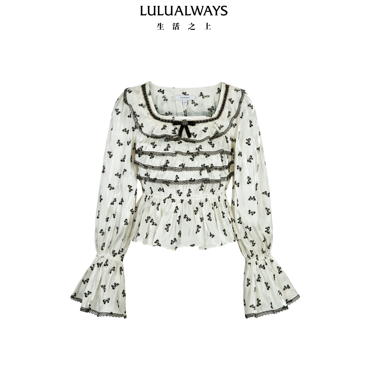 LULUALWAYS我爱露露26春季新款甜美俏皮多层荷叶边蝴蝶结圆领上衣
