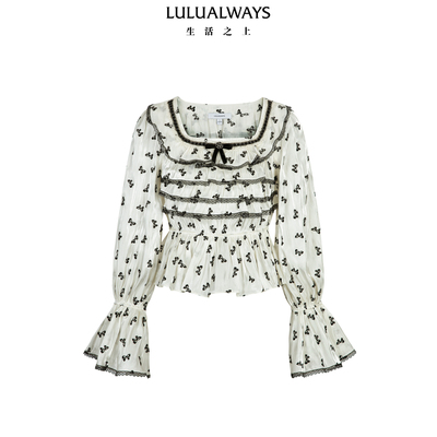 LULUALWAYS我爱露露26春季新款甜美俏皮多层荷叶边蝴蝶结圆领上衣