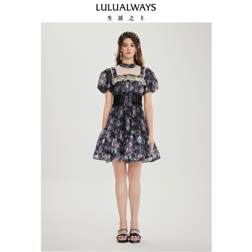LULUALWAYS【商场同款】复古宫廷风绑带蕾丝拼接连衣裙