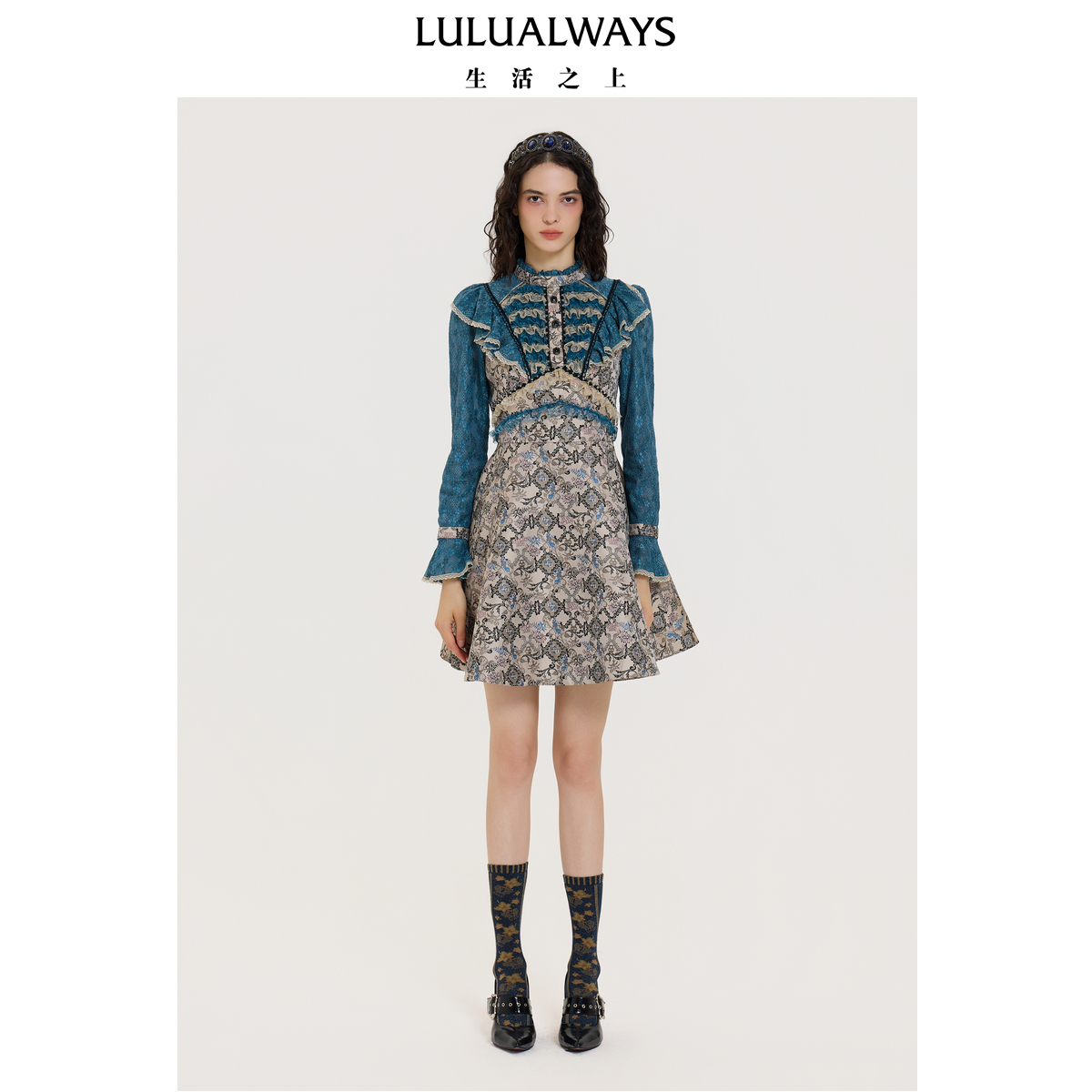 LULUALWAYS【商场同款】25秋季新款复古华丽蕾丝木耳边短款连衣裙