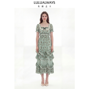 LULUALWAYS我爱露露26夏季新款法式浪漫风网纱拼接荷叶边连衣裙