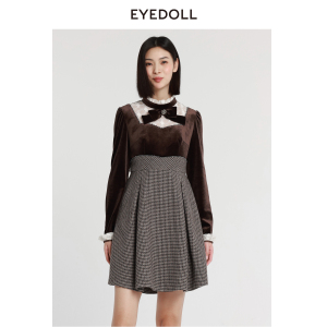 EYEDOLL【商场同款】新款气质优雅蝴蝶结拼接千鸟格连衣裙