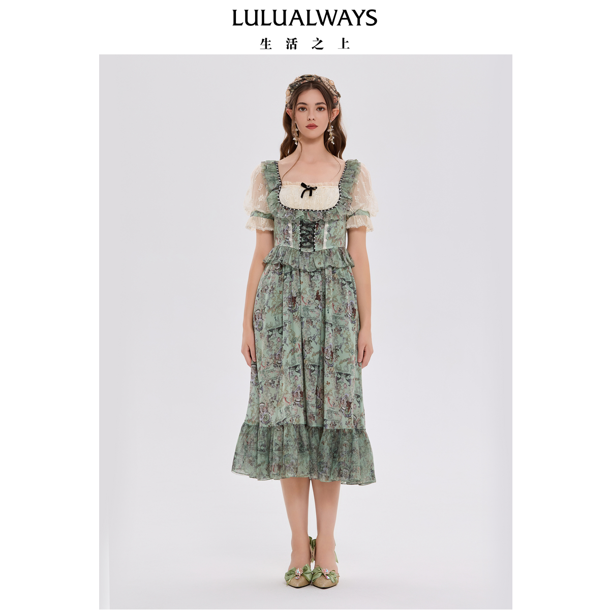LULUALWAYS【商场同款】25夏季新款法式甜美气质温柔风方领连衣裙